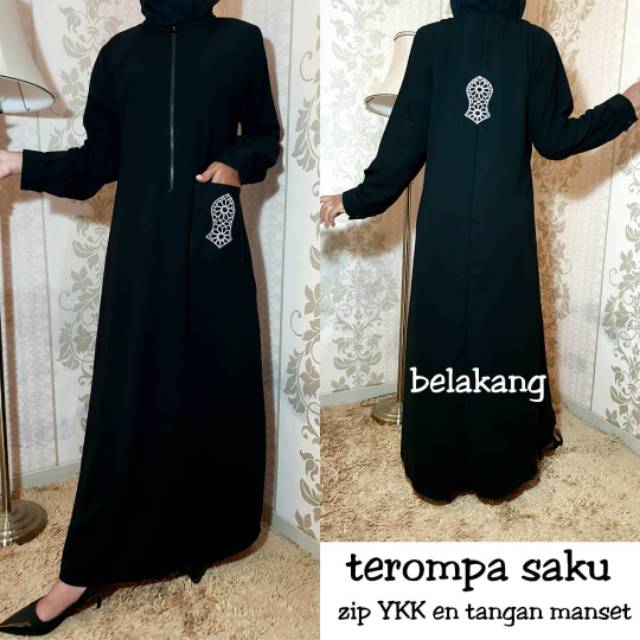 Abaya gamis Arab Hitam Bordir Terompa Saku syari asdf Jumbo (Busui)