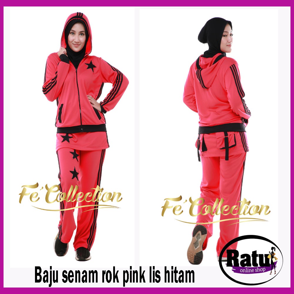 Terlaris Baju senam rok aerobic/baju senam zumba/ baju senam muslim rok pink list hitam