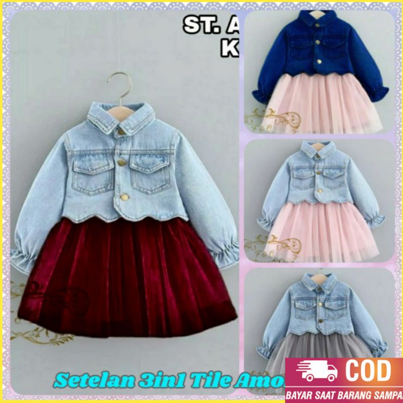 Dres Baju Anak Perempuan Lengan Panjang Setelan Dress 3in1 Tile Amora  Kid Usia 2-4 Tahun Terbaru