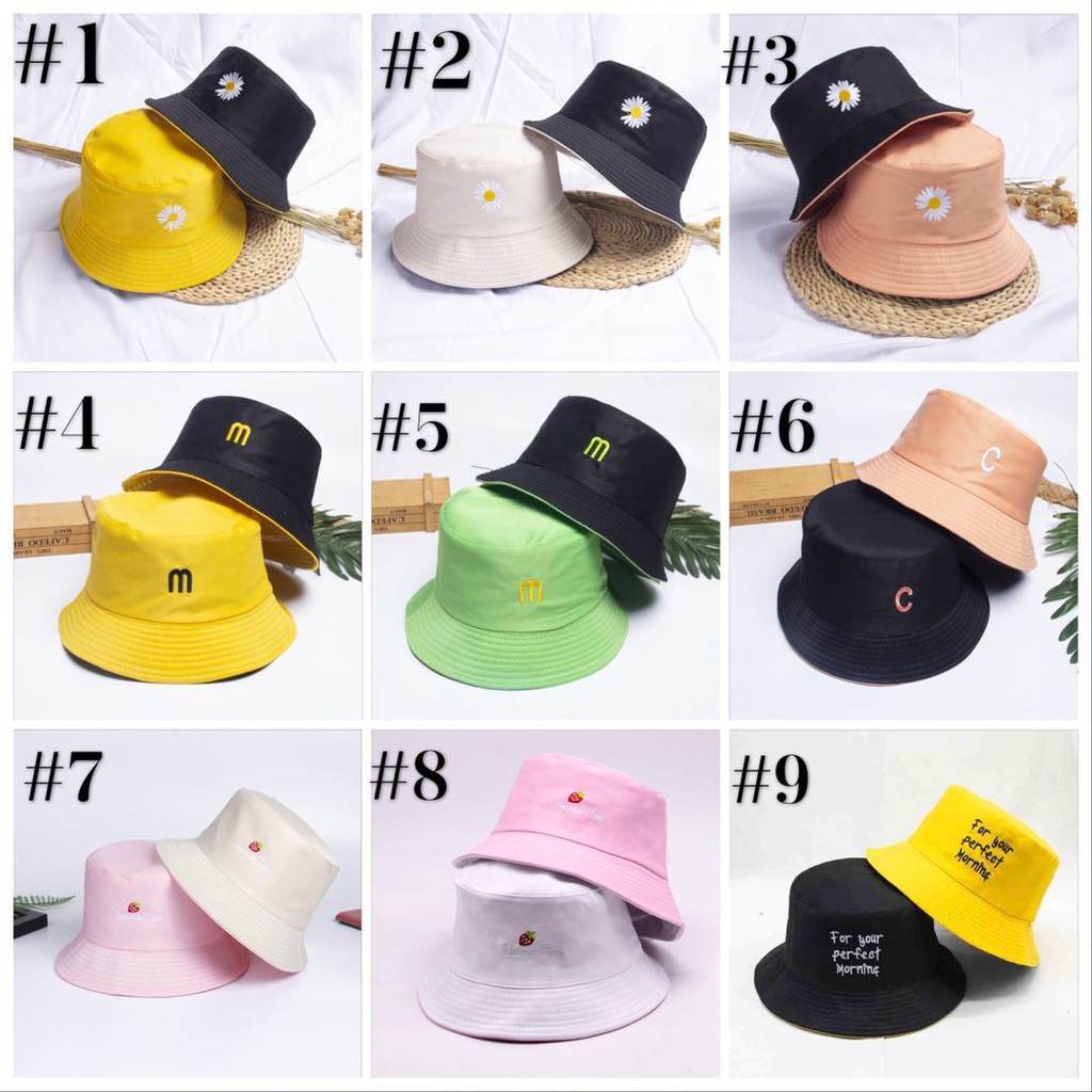 Topi Bucket Korea Bolak Balik Fisherman Lipat Motif Bordir Bunga Daisy Untuk Wanita Dan Pria