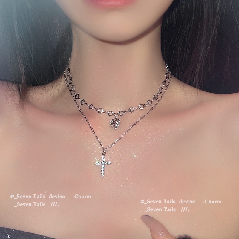 Kalung Rantai Choker Liontin Salib Hati Aksen Kristal Warna Pink Untuk Wanita