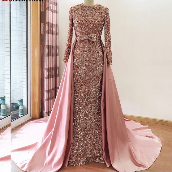Luxury Mermaid Evening Dress for Women 2021 O-Neck Long Sleeves Sequins Elegant Muslim Prom Formal 1