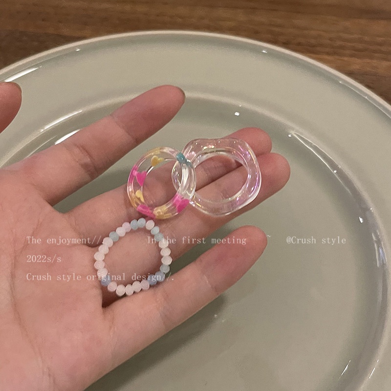 3pcs / Set Cincin Manik-Manik Resin Bentuk Hati Untuk Wanita