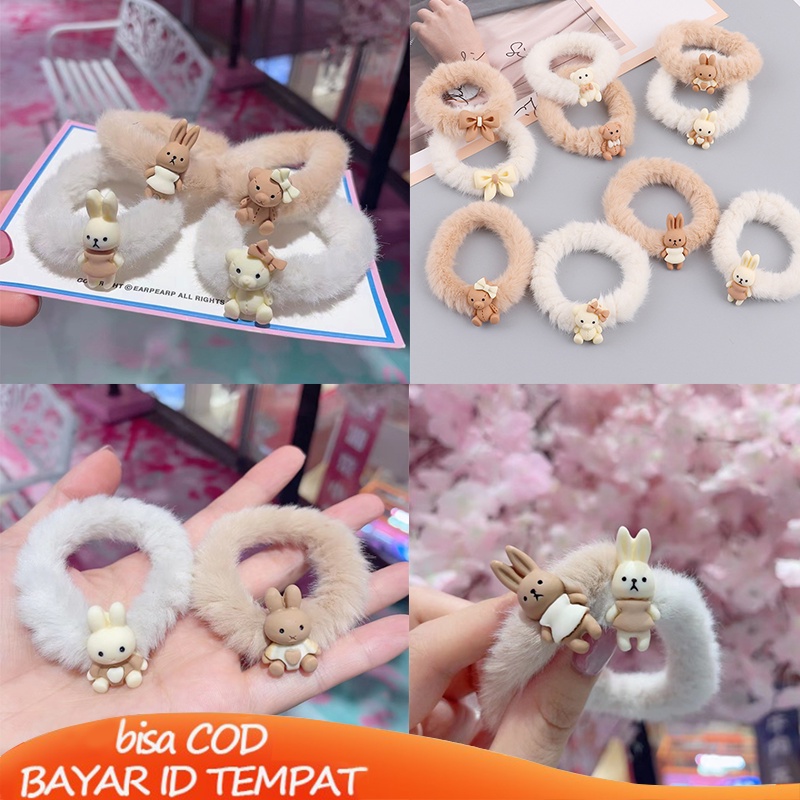 COD✨Ikat Rambut Cute Plush Hair Loop Kelinci Beruang Bentuk Busur Karet Karet Elastis Aksesoris Wanita Rambut Impor Fashion Korea Murah