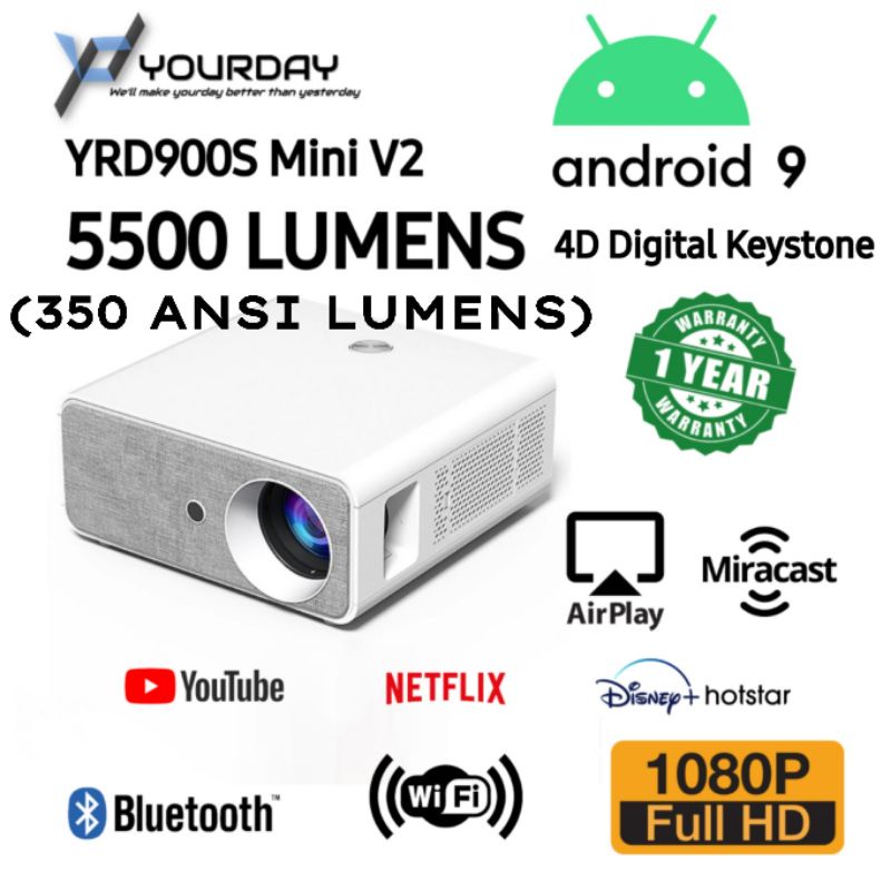 Yourday YRD900S Mini V2 Proyektor LED LCD Android Projector 1080P FULL HD
