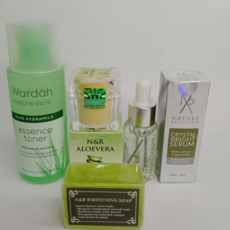 4in1 Paket Aloevera Serum NR+Cream Aloe Vera+Essence Toner Hydramild+Sabun Batang N&amp;R Whitening