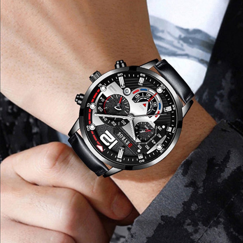 HARGA TERBAIK✅ Jam Tangan Pria Elegan Aksen Emas Tali Kulit Premium Kombinasi Sempurna Gaya Mewah Fungsionalitas Klasik JPD-02