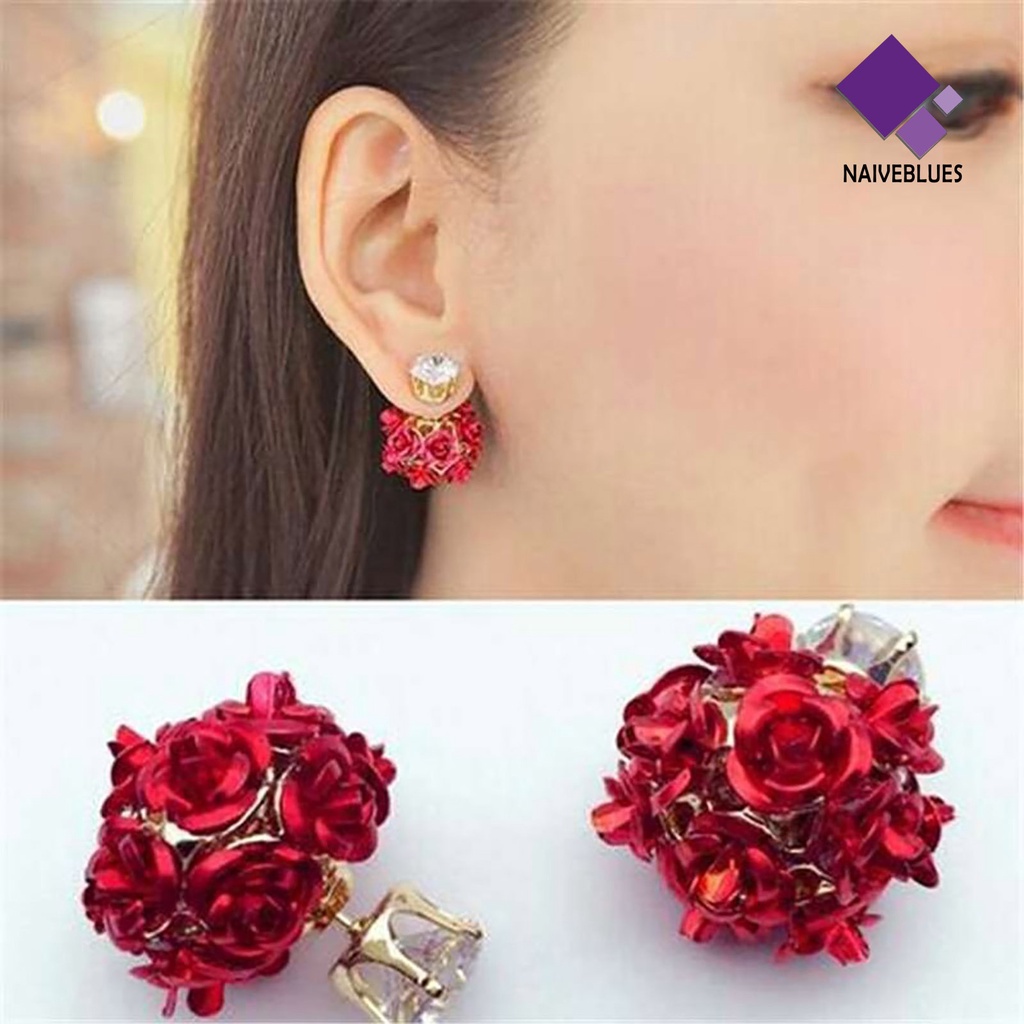 Anting Stud Bentuk Bunga Mawar Bahan Alloy Aksen Berlian Imitasi