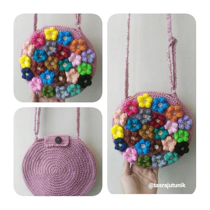 TAS RAJUT SELEMPANG BULAT TABURAN BUNGA