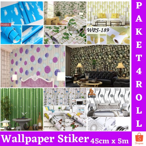 PROMO -TERMURAH Wallpaper Stiker Dinding PAKET 4 ROLL!! ( BUY 3 GET 1 FREE ) WALLPAPER STICKER DINDING GH PREMIUM QUALITY  ALL MOTIF BEST SELLER !!!!