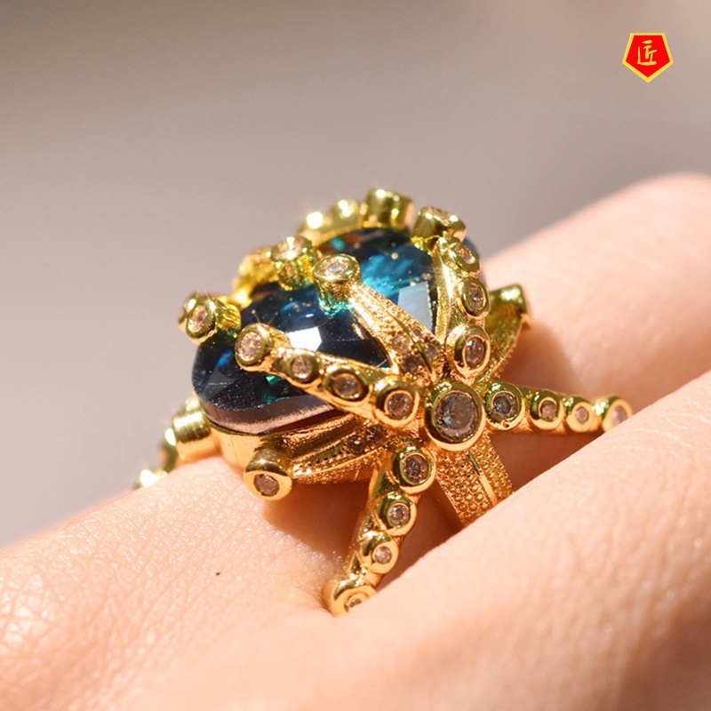 [Ready Stock]18K Gold Blue Topaz Starfish Ring Luxurious and Personalized