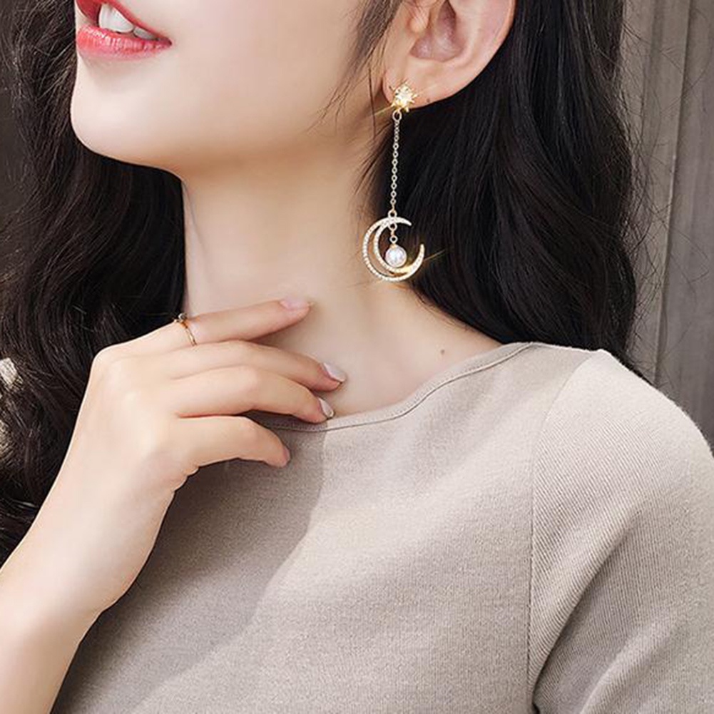 Hu Hu Hu Hu Hu Alat Bantu Pasang Kacamata♡ Anting Tusuk Asimetris Bentuk Bulan Bintang Hias Cubic Zirconia Untuk Wanita