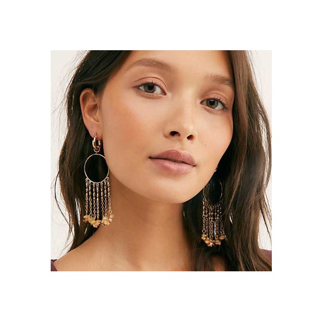 LRC Anting Gantung Fashion Golden Small Gravel Tassel Circle Alloy Earrings K44565