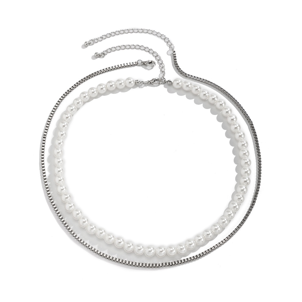 Kalung Rantai Lapis Ganda Hias Mutiara Bentuk Persegi Geometris Gaya hip hop Untuk Pria