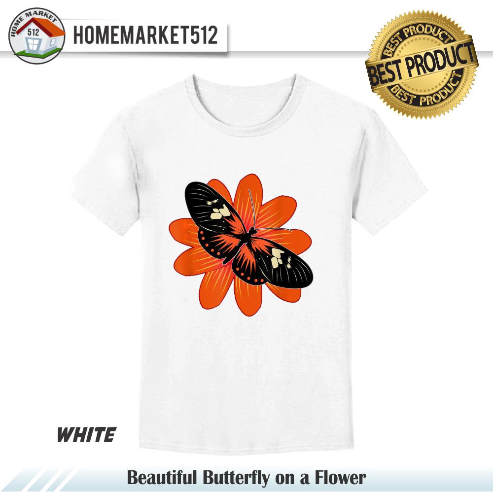 Kaos Wanita Beautiful Butterfly on a Flower Design - Butterfly T-Shirt Kaos Cewek Premium Sablon Anti Rontok !!!! | HOMEMARKET512-PUTIH