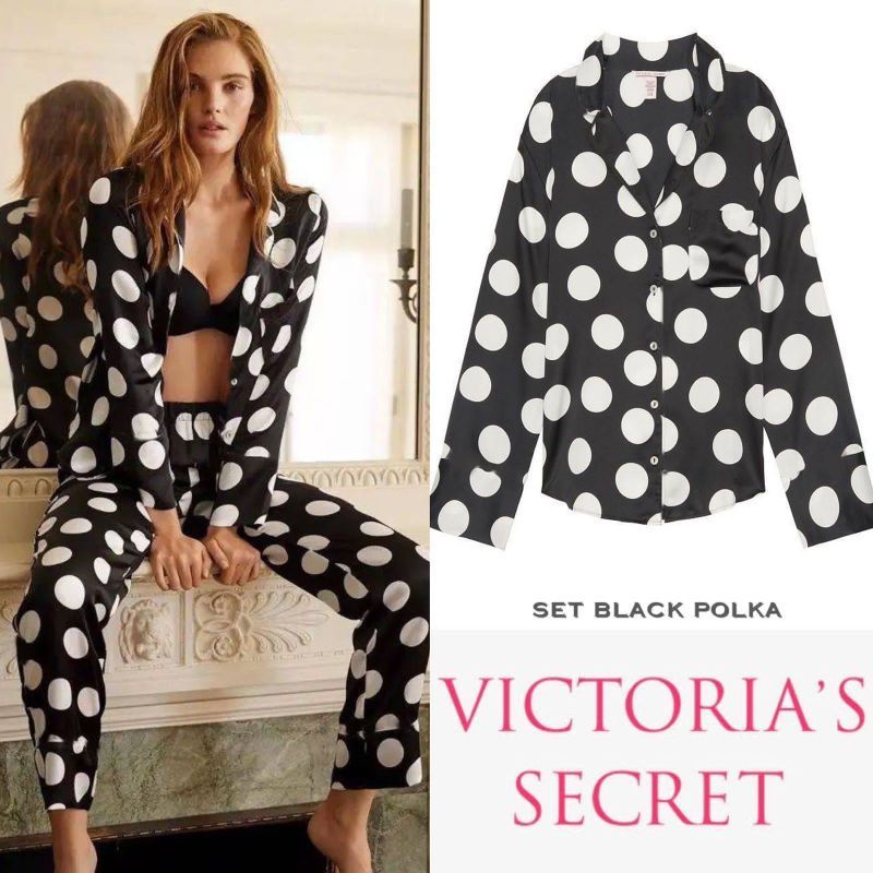 Vs victoria's secret black polka pajamas set Piyama baju tidur original