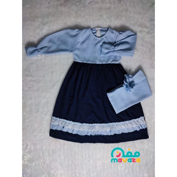 Gamis Set Anak Biru Navy Renda Tumpuk