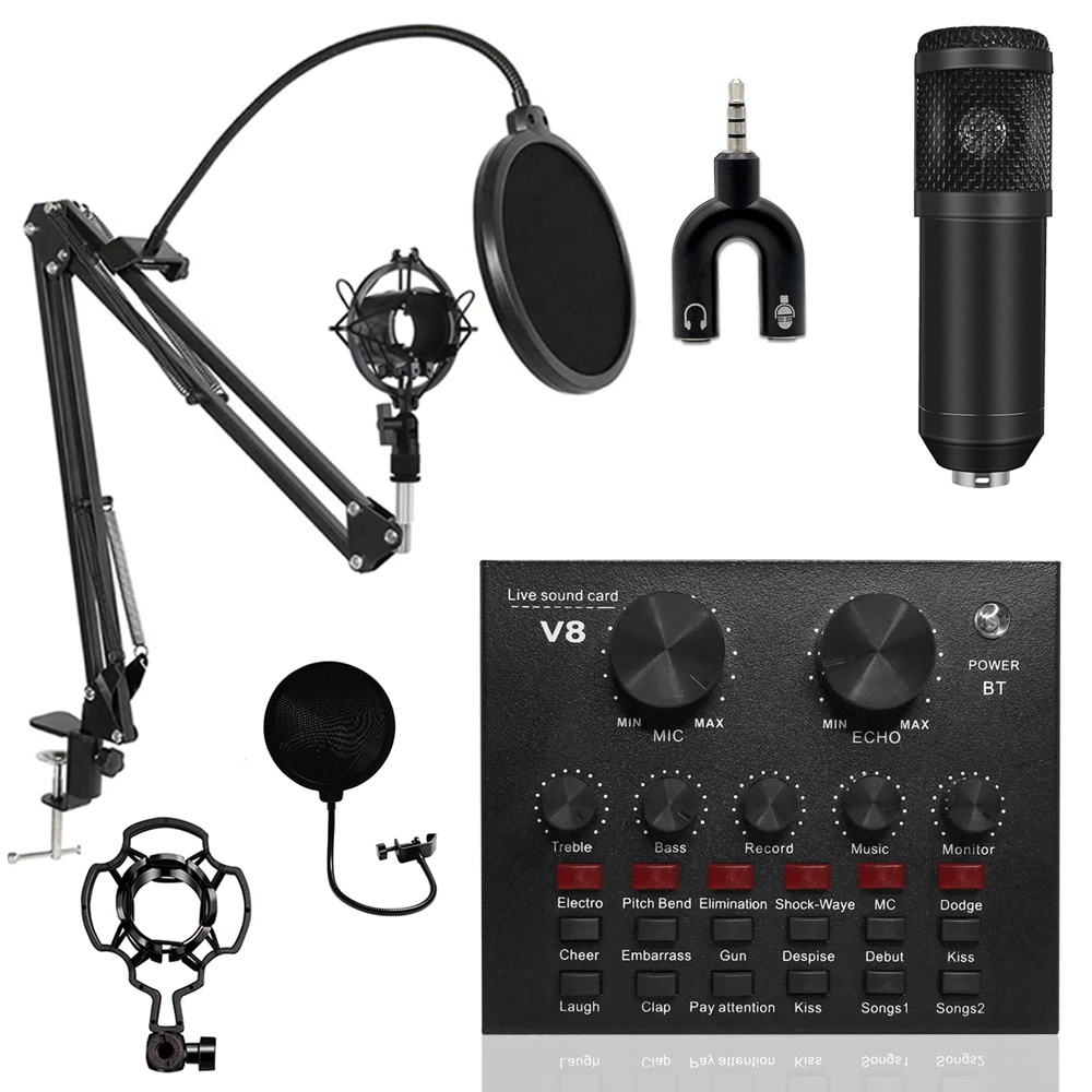 PAKET KUMPLIT MIC CONDENSER BM 800 + STAND + SOUNDCARD V8 + SPLITTER