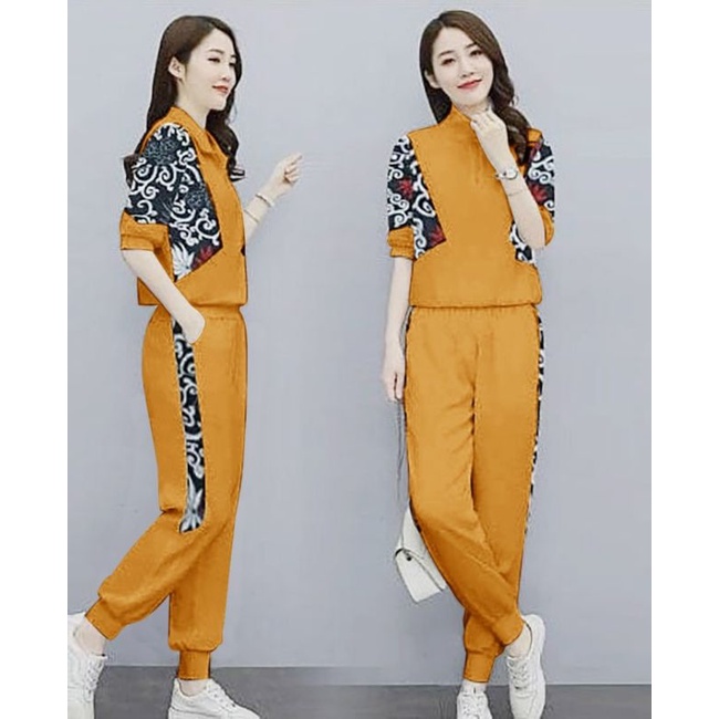 setelan Baju Training Perempuan Busui Mewah/Baju Olahraga Korea One Set Terbaru Kombinasi Batik Silk