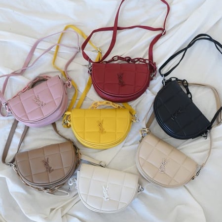 BJ57545 - BLACK/KHAKI/PINK/RED/WHITE/YELLOW - TAS SETENGAH LINGKARAN KOTAK TALI RANTAI SLEMPANG IMPORT TERMURAH BAGSTORE TAS WANITA FASHION IMPORT MODIS ELEGAN TERMURAH TERLARIS TERBARU BAGSTORE JAKARTA TAS BATAM CR7545