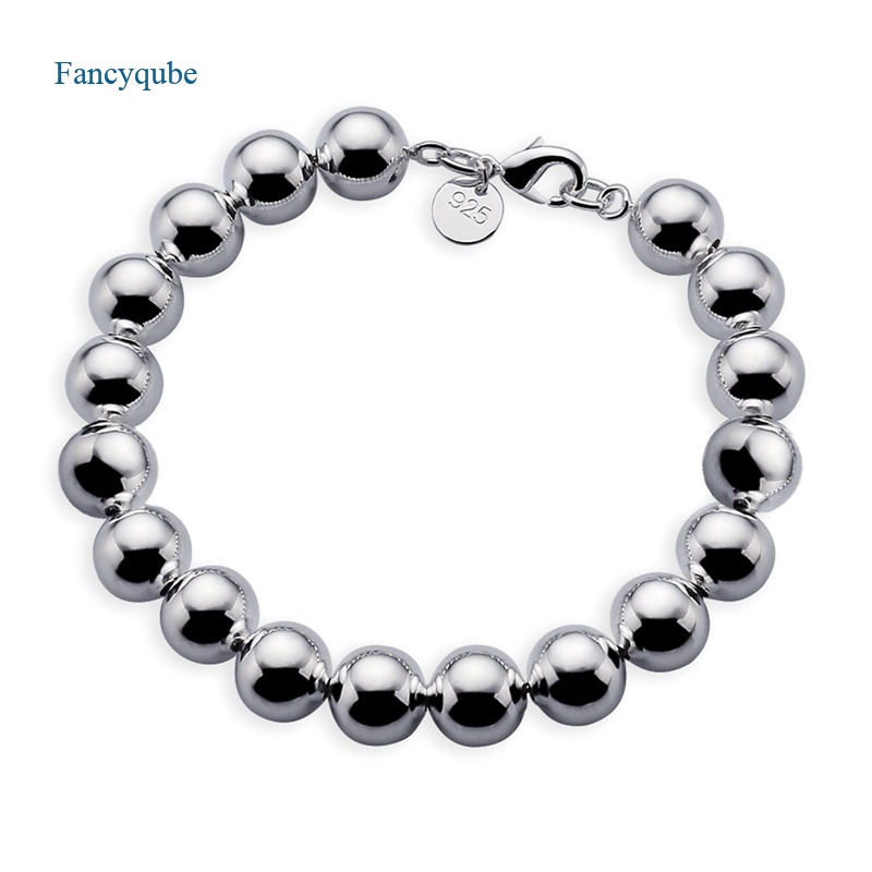 Fancyqube Gelang Rantai Sterling Silver 925 Hias Manik-Manik Bola Hollow Ukuran 8mm 10mm Untuk Wanita