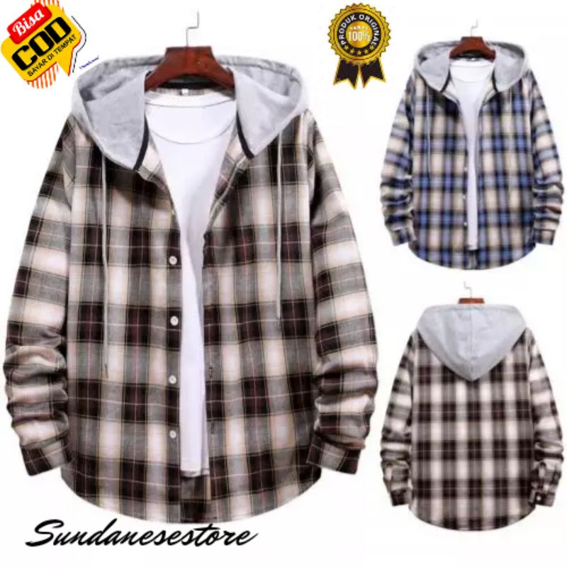 Kemeja Flanel Hoodie Berkupluk Premium Kotak-Kotak Distro Terpopuler Best Seller [ Pria & Wanita ] H