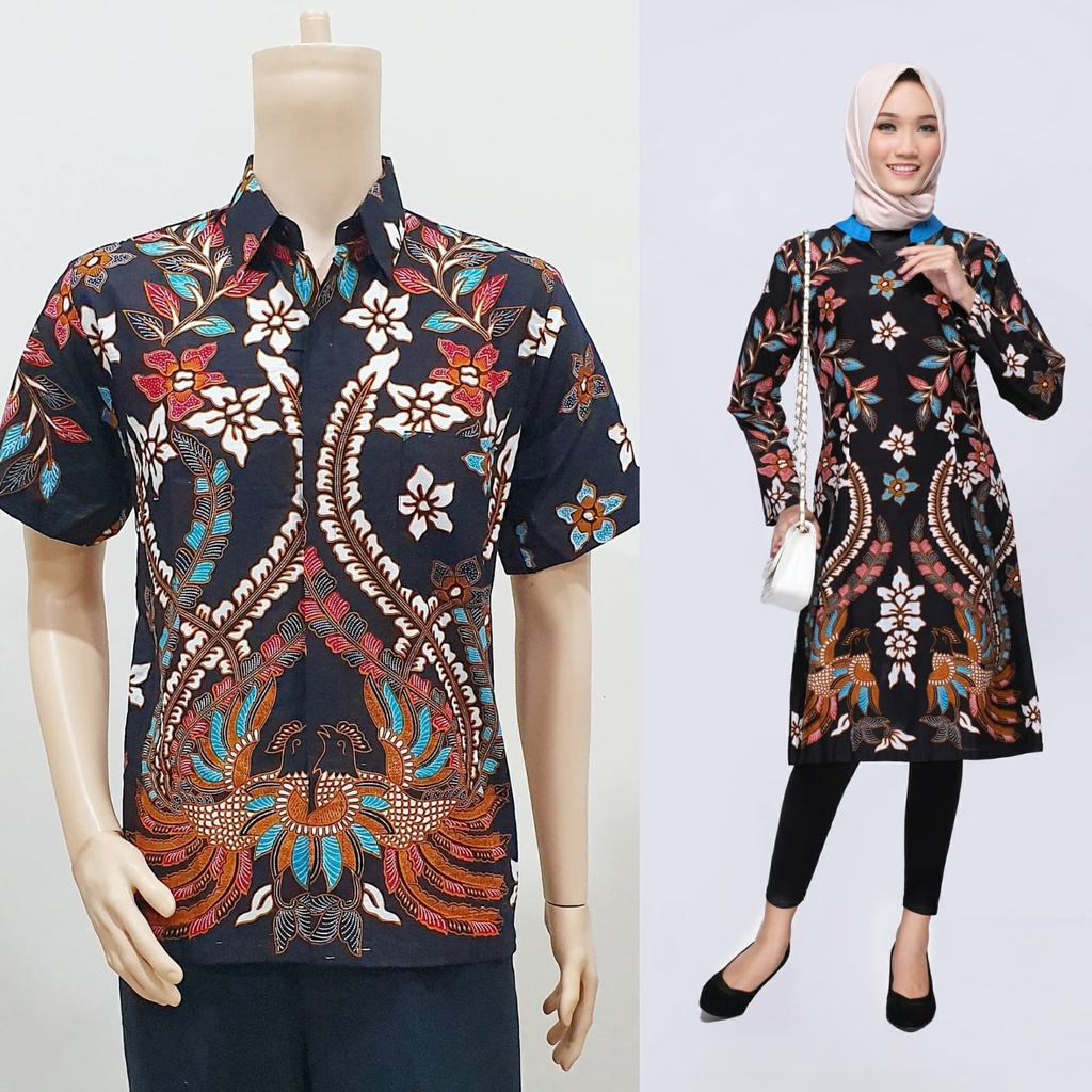 Set Couple Sarimbit Keluarga Lebaran Tunik Batik Muslim 3046 Biru