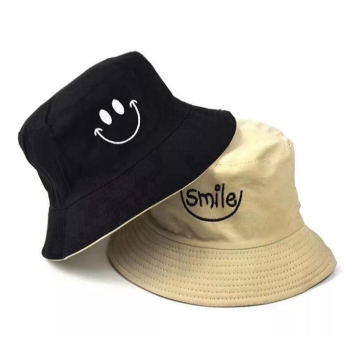 Topi Bucket Smile Bulak Balik / Bahan Dobel Bisa Bolak-Balik / Bucket Bolak Balik Berkualiatas