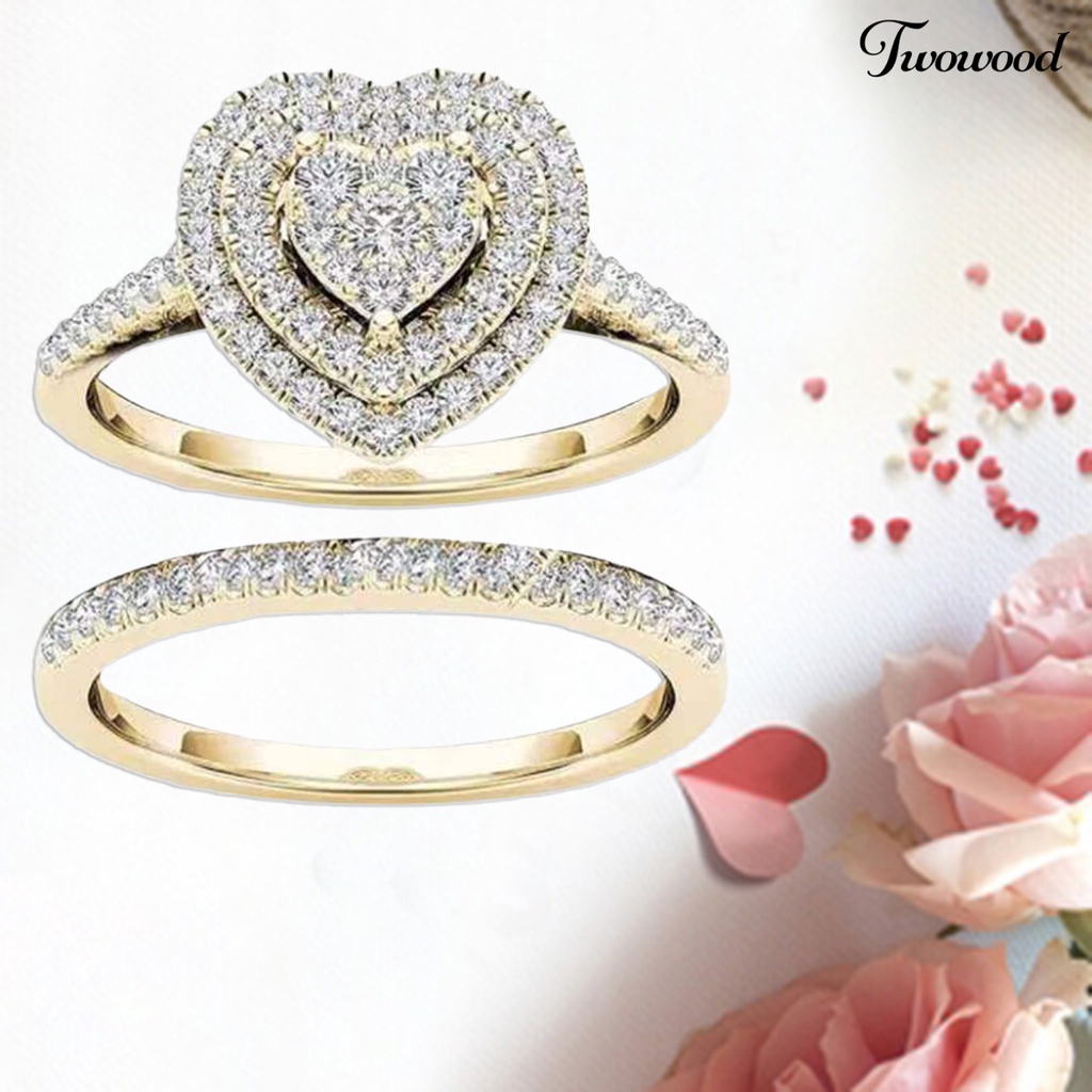 2pcs / Set Cincin Berlian Imitasi Bentuk Hati Bahan Alloy Untuk Pengantin Wanita