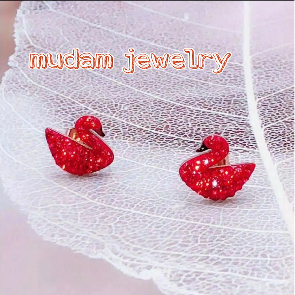 Anting Tusuk Titanium Swan Kristal Altifisial Putih Merah dan Hitam Rose Gold