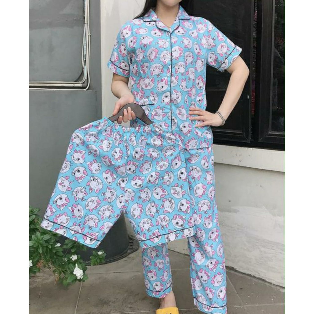 JNV Piyama CP 3in1 Wanita Motif Karakter Kartun 03 - Baju Tidur 3in1 - Bahan Katun-K Marie Cat Biru