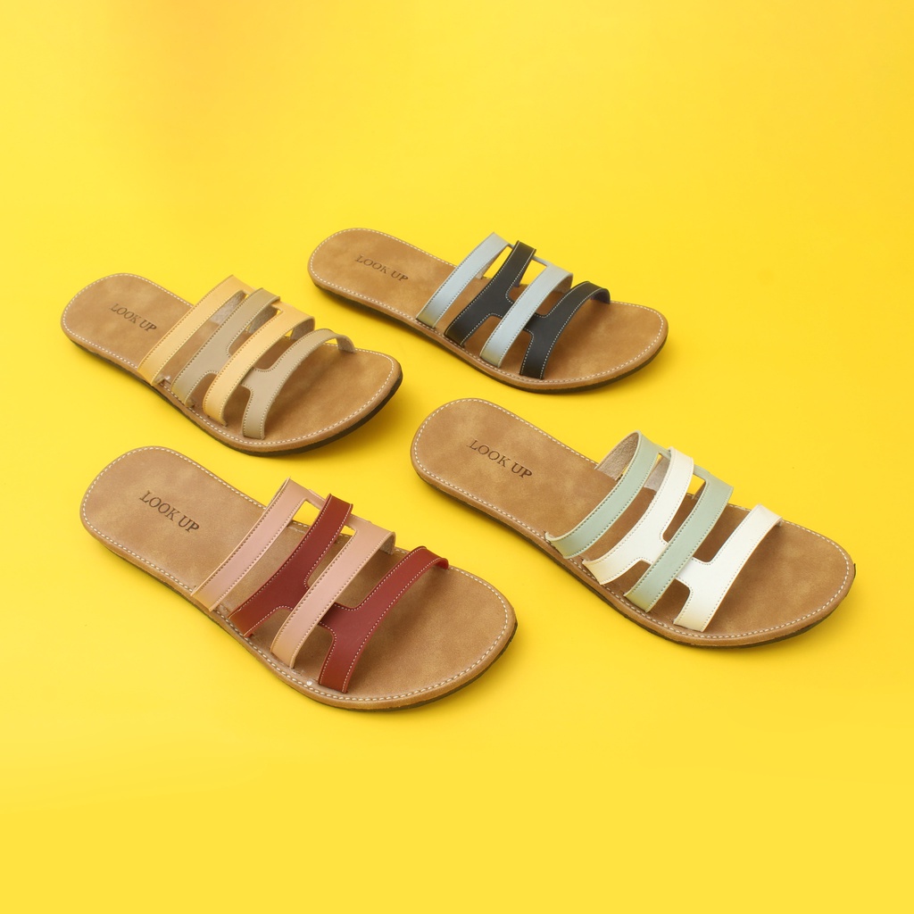 Sandal Kulit Wanita Sandal Kekinian Sandal Slop Slide Wanita Flat Motif Kombinasi Look Up - YUNIAR