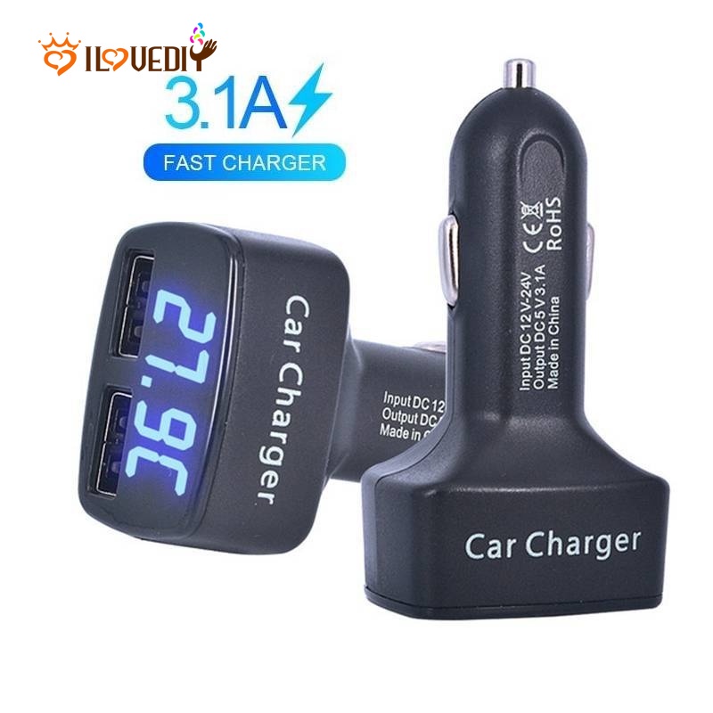 (3.1A) Adaptor Charger Mobil Universal Dengan Dua Port Usb + Tampilan Voltmeter Digital Led Untuk Huawei Xiaomi Samsung Iphone Tablet