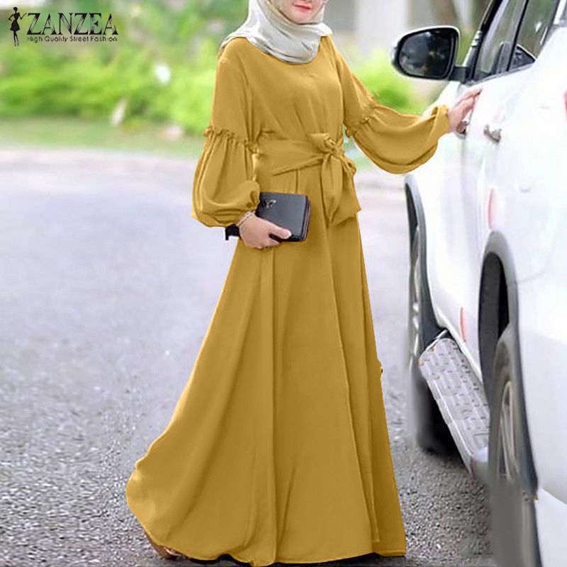 ZANZEA Women Lantern Sleeve Elastic Cuffs Ruffles Muslim Long Dress