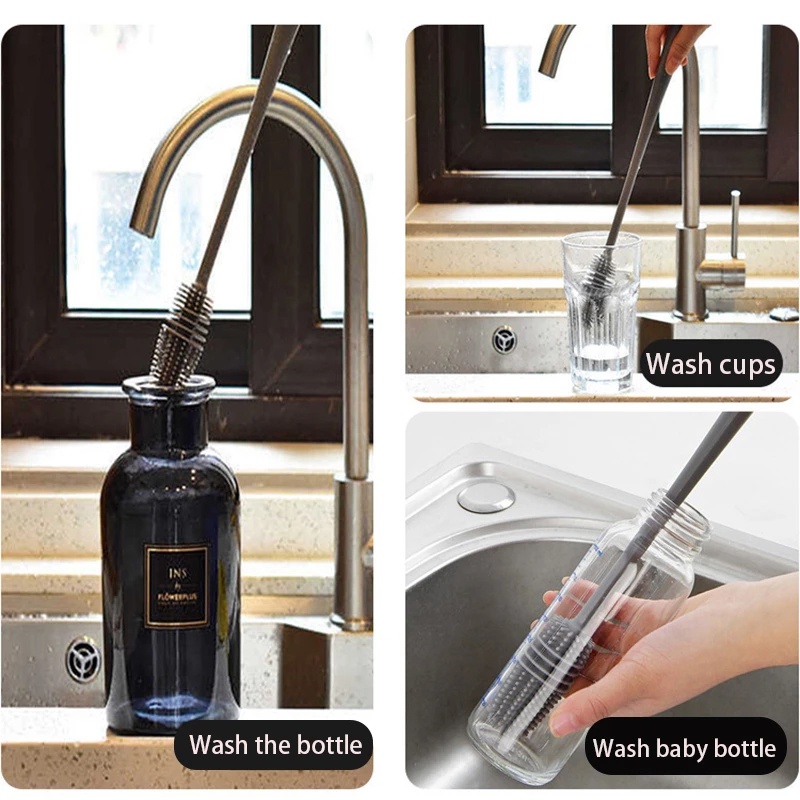 Sikat Pembersih Botol / Gelas / Cangkir / Teko Bahan Silikon Gagang Panjang Untuk Dapur