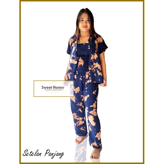 Sweet Honey ~ Setelan 3in1 Tiedye Pajamas Kemeja Kemben Kerut Celana Panjang Camisol Tiedye Bali