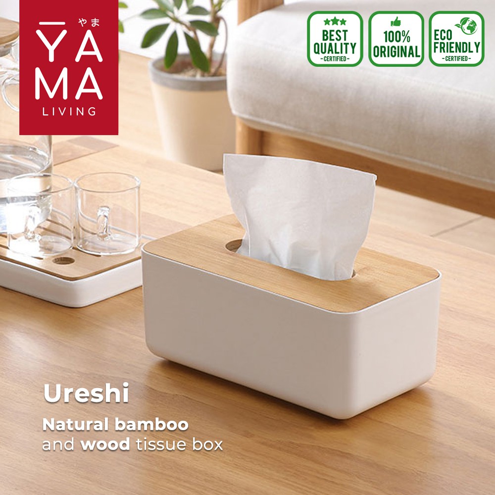 YAMA URESHI Natural Bamboo Tissue Box Kotak Tempat Tisu Putih Kayu Wood Bambu