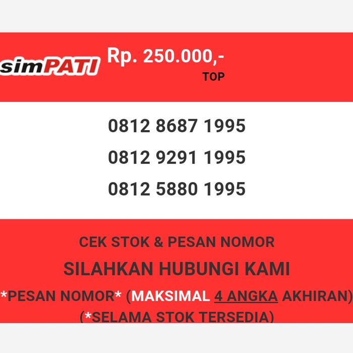 Nomor cantik Telkomsel murah tahun lahir 1995 simpati & loop T0888-250