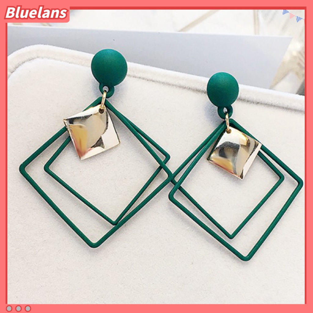 Bluelans 1 Pasang Anting Tusuk Gantung Wanita Bahan Alloy Desain Persegi Ganda Untuk Hadiah