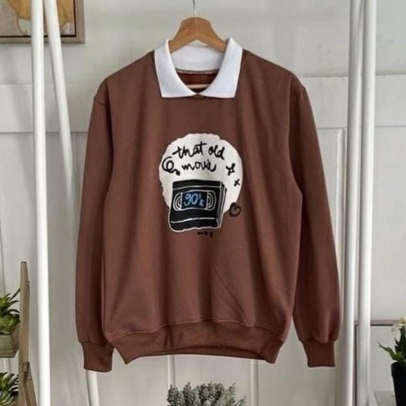 COD - Old Movie Sweater Combi Kerah Premium Fleece Tebal Outerwear Remaja Wanita Korean Style-Moca