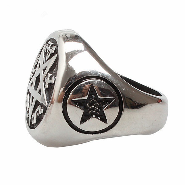 SEUSUK  Vintage Punk Satanism Inverted Pentagram Satanic Imagery Polished Mens Ring