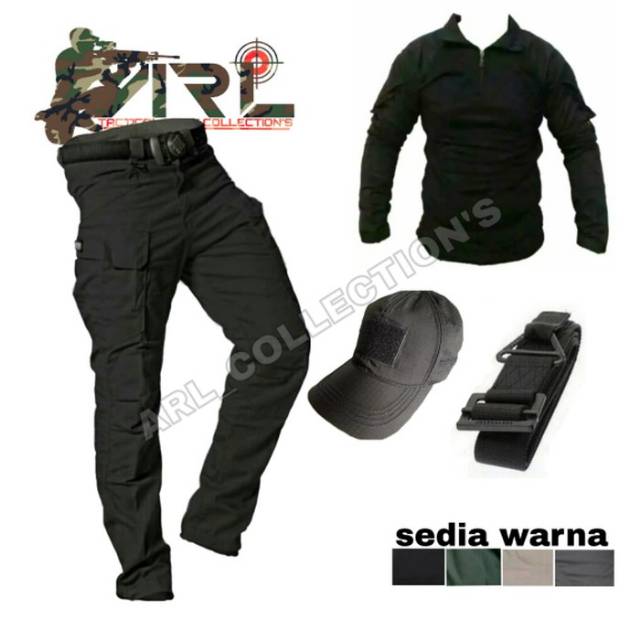 setelan satu set celana/kaos/topi/sabuk/BDU SHIRT TACTICAL BLACKHAWK HITAM/pdl lapangan outdoor