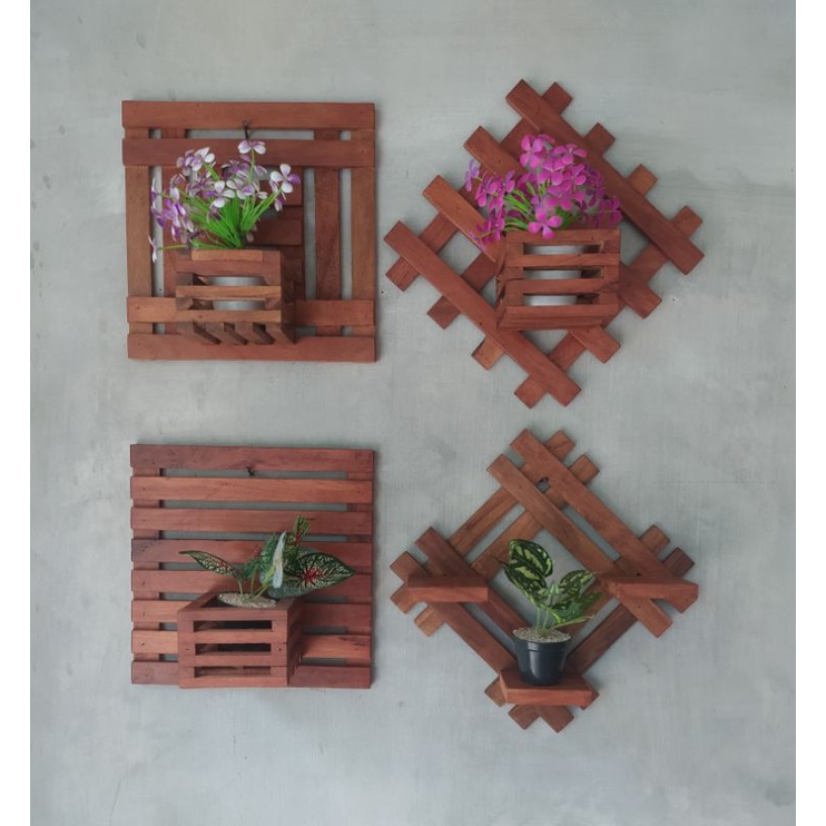 Pot kayu tempel Dinding. Paket Tatakan dan Pot kayu