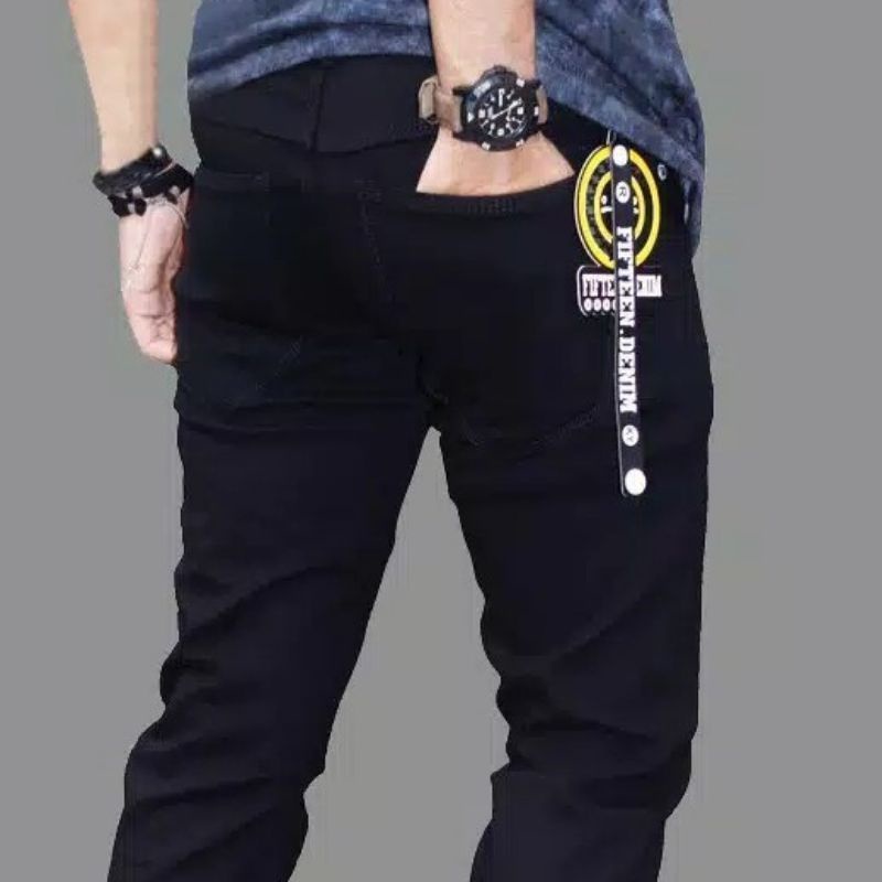 celana hitam pekat Slim Fit original FIFTEN 15 Denim/ celana jeans Slim Fit/celana panjang pria100%o