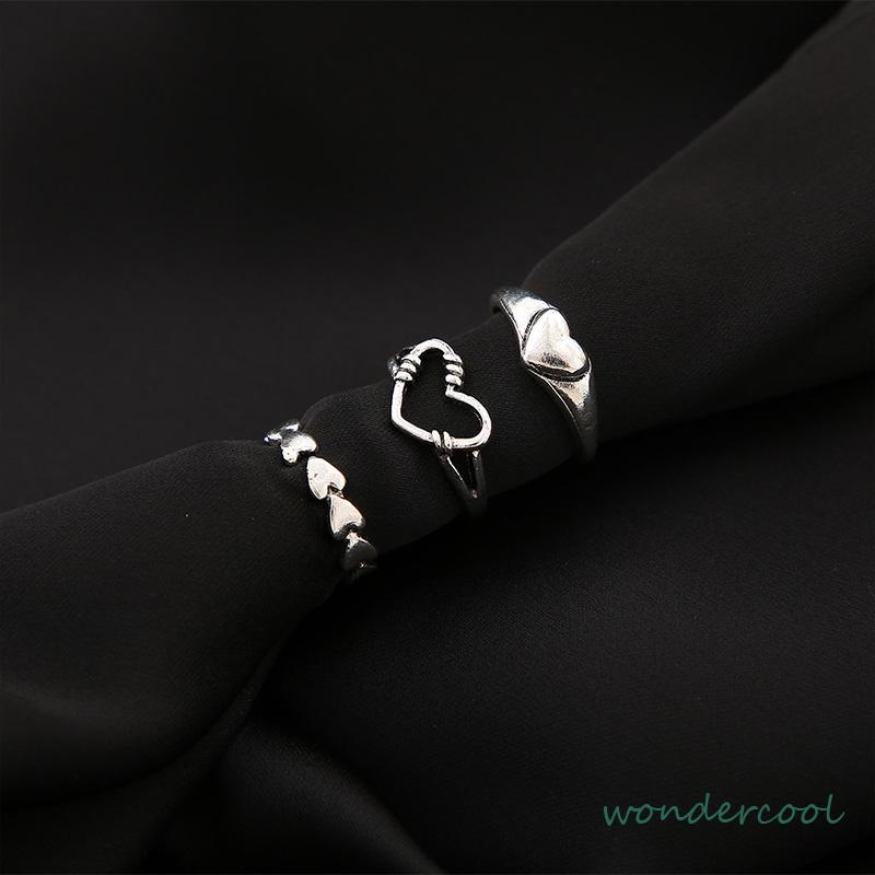 3pcs Cincin Model Terbuka Desain Gelombang Hati Warna Silver Gaya Vintage Untuk Wanita-Won