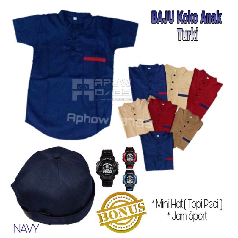 PAKET 3IN1 BAJU KOKO ANAK / FREE JAM TANGAN &amp; PECI ANAK / Pakaian Muslim anak