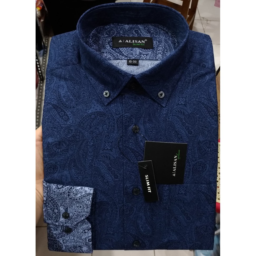 Kemeja Pria Alisan Semi Batik Gradasi Printing Katun Maroon Biru