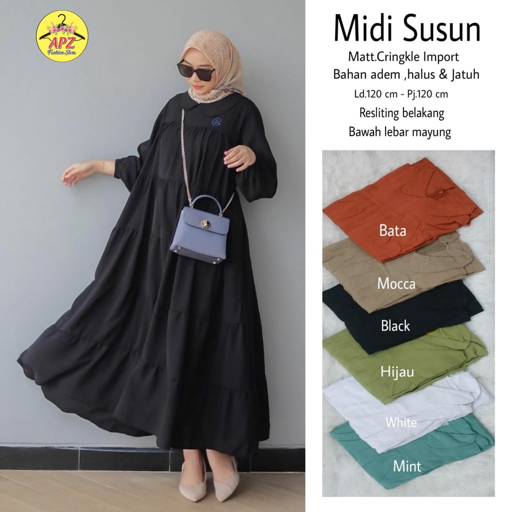 dress midi susun polos crincle import ld 120cm / midi susun