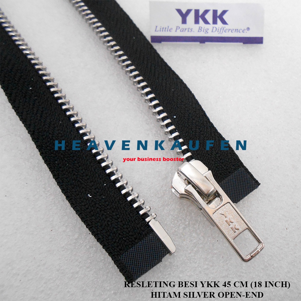 Resleting Zipper 45 cm Atau 18 inch YKK Type Gigi Besi Hitam Silver Set Open - End Buka - Lepas