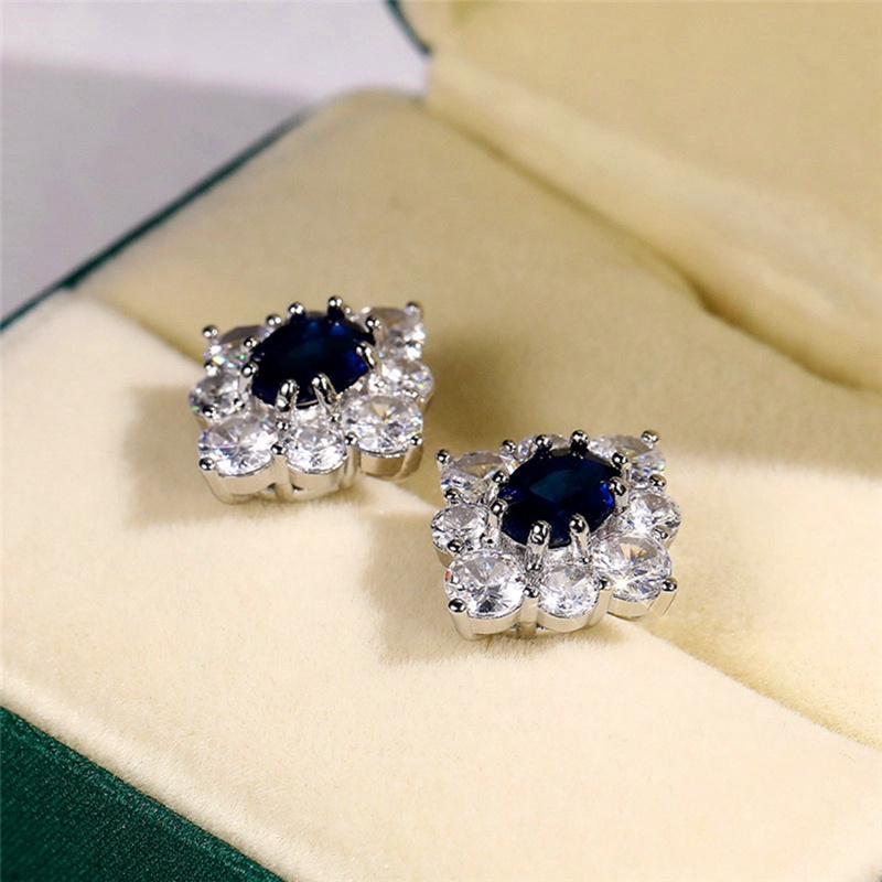 Anting Stud Cubic Zirconia Bentuk Oval Warna Biru Untuk Wanita